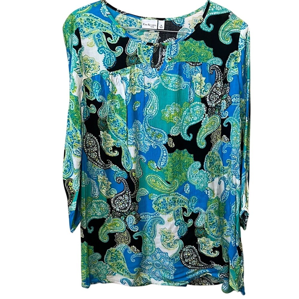 Kim Rogers Curvy Womens 1X Paisley Blouse Blue Green 3/4 Sleeve Rayon‎ Top Boho
